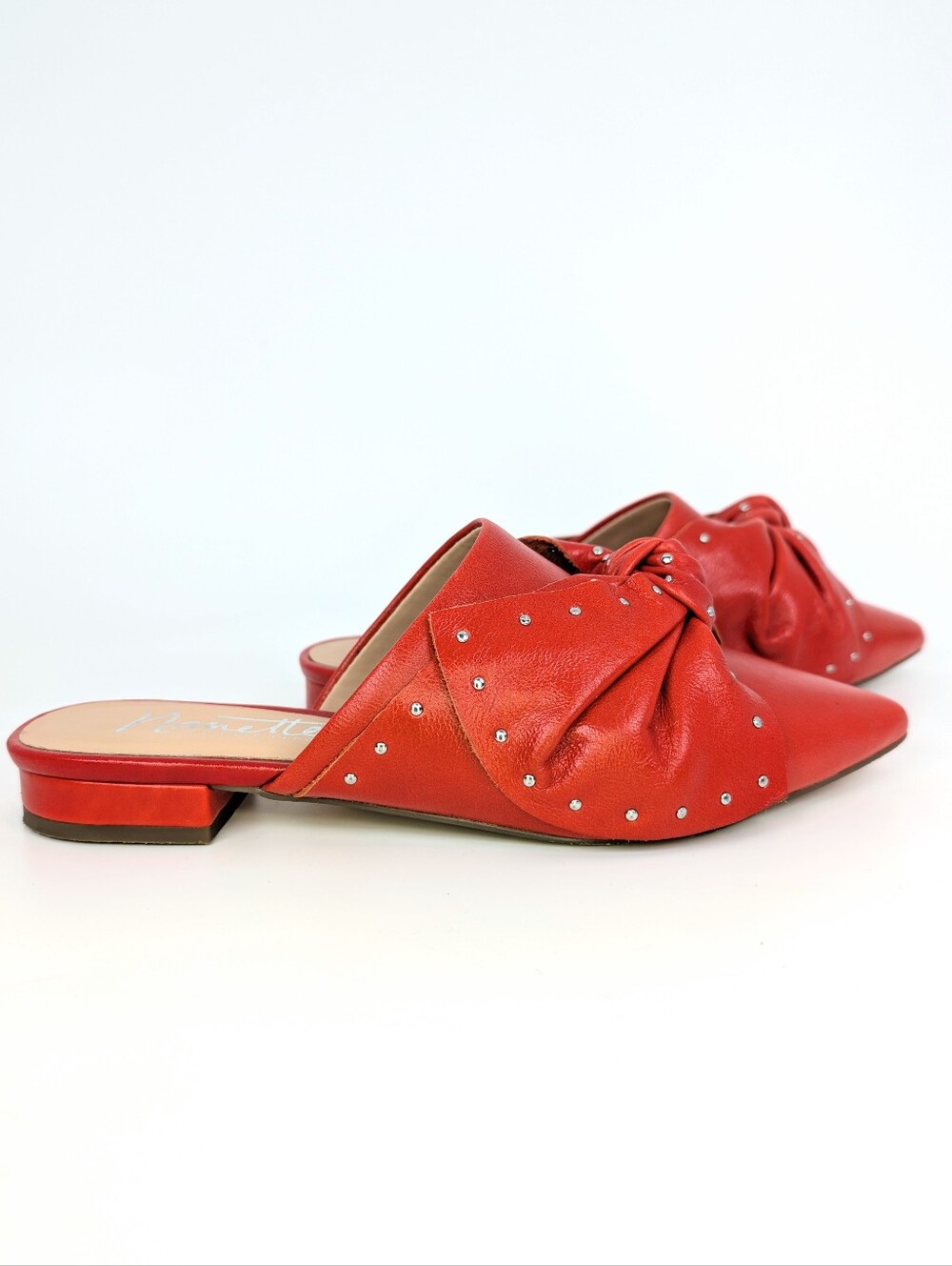 Nanette Lepore Orange Red Studded Bow Pointed Toe Mule Flats Slide On Size 6 EUC